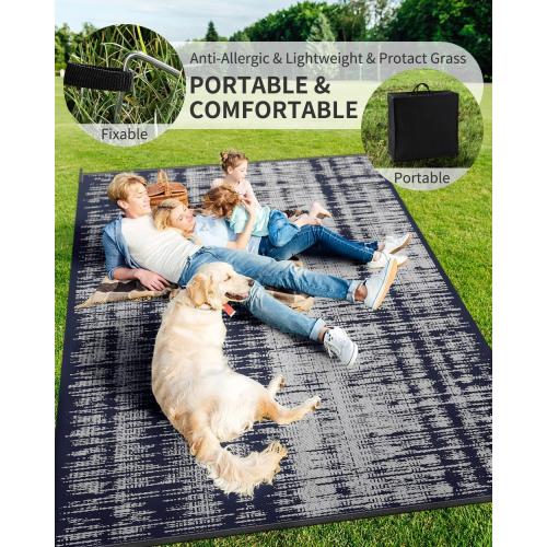MontVoo Outdoor Rug Waterproof 8x10 ft Outdoor Carpet Patio Rug Mat Reversible RV Camping Rug Plastic Straw Outside Rug for Balcony Porch Deck Picnic Beach Modern Navy