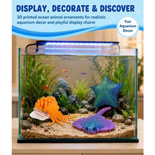 GemmiCho 3 Pack 3D Printed Animal Fidget Toys, Cute Articulated Sea Animals Set with Flexible 3D Printed Starfish, Manta Ray, Octopus, Cool 3D Printed Stuff for Gifts Home Decor Desk Pets