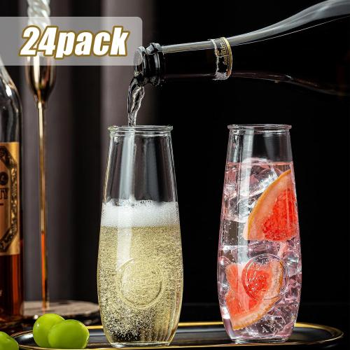 Stemless Champagne Flutes Set of 24, 10 oz Champagne Glasses, Toasting Glasses, Prosecco Mimosa Glasses, Made Of Recycled Glass, Embossed Stemless Champagne Flutes for Wedding, Party, Easter