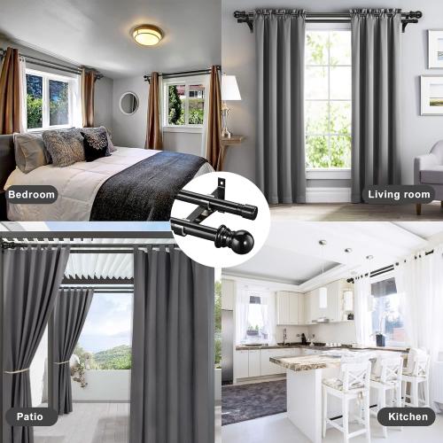 Heavy Duty 1 Inch Black Double Curtain Rod, Splicing Adjustable Design for Windows 66 to 120 Inches, with Snap-On Brackets & Decorative Finials for Sliding Doors & Living Room