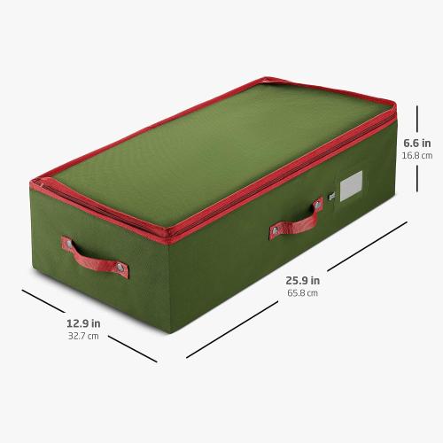 ZOBER Underbed Christmas Ornament Storage Box - Stores 64 3 Ornaments, With Dividers - Tear Proof 600D Oxford Fabric, Ornament Organizer Storage Box, Durable Christmas Containers Holder - Green