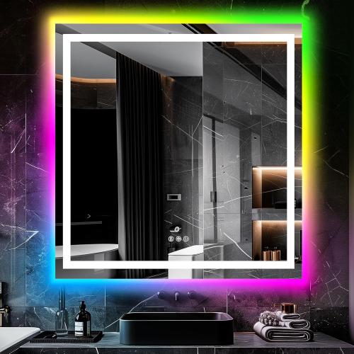 36x36 Inch RGB LED Bathroom Mirror Front Light LED Bathroom Mirror with 3 Colors, Vanity Mirror with Lights, Anti-Fog Wall Mounted, Dimmable Touch Switch Control, Memory Front and Backlit Smart Mirror