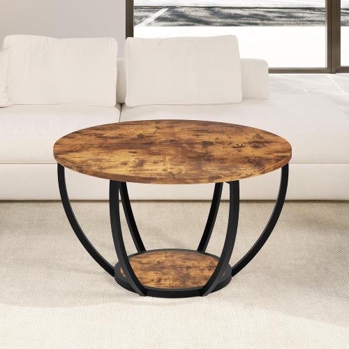 HOMERECOMMEND 28 Round Coffee Table with Storage,2-Tier Wood Accent Center Table for Living Room,Sofa Table for Home Office, Brown