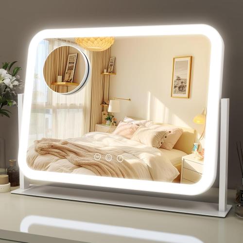 ROLOVE Lighted Makeup Mirror, 17x13 Vanity Mirror with Lights, 10X Magnification, Gifts for Women, 3 Color Lighting Modes, Smart Touch Control, 360° Rotation for Bedroom or Tabletop (White)