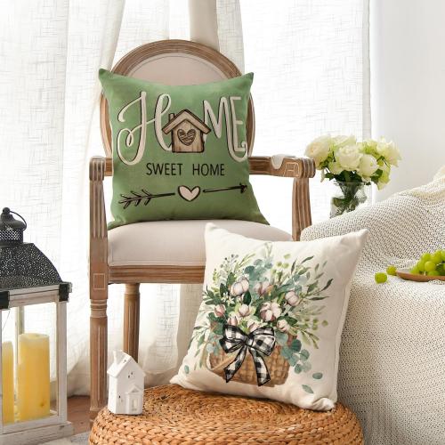 Bless Our Home Farmhouse Eucalyptus Leaves Throw Pillow Covers, 18 x 18 Inch Truck Home Sweet Cushion Case Decorations Set of 4