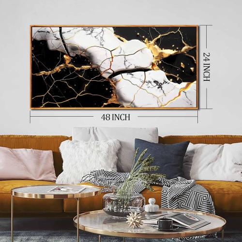 Abstract Wall Art for Bedroom, Black White and Gold Canvas Wall Decor for Living Room, Picture Print Artwork for Office, Size 48 x 24 Inches Framed