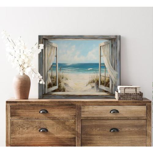 Window View Coastal Canvas Wall Art Vintage Country Ocean Seascape Painting Picture Wall Decor Rustic Nature Beach Scene Poster Print Artwork for Living Room Bathroom Bedroom Home Decoration FRAMED