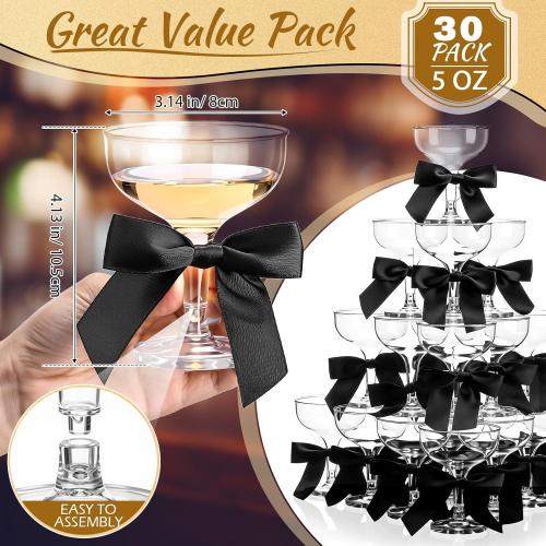 Zopeal 30 Set Champagne Coupe Cocktail Glasses 5 oz with Satin Ribbon Black Bow 3.5 Inch Plastic Margarita Martini Glasses for Birthday Bachelorette Party Gift Wedding Champagne Tower