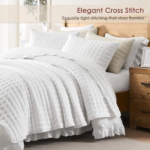 WDCOZY White King Size Quilt Bedding Sets with Pillow Shams, Lightweight Soft Bedspread Coverlet, Quilted Blanket Thin Comforter Bed Cover, All Season Summer Spring, 3 Pieces, 104x90 inches (Gently used condition)