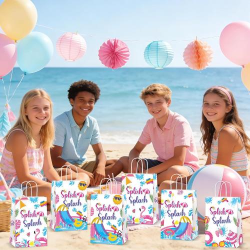 24Pcs Splish Splash Party Paper Bags Splish Splash Birthday Decorations Water Slide Kraft Gift Bags with Handles Pool Birthday Paper Candy Treat Bag for Kids Swimming Bash Hawaiian Luau Party Supplies