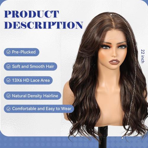 HAIRCUBE 13x6 HD Lace Front Wig Synthetic 22 Inch Dark Brown Highlight Long Wave Layered Glueless Wig for Women, Natural Look Daily Wear