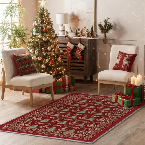 Artoid Mode Red Xmas Tree Mistletoe Christmas Area Rug, Winter Home Decor Low-Profile Non-Slip Washable Large Rug for Living Room Bedroom Farmhouse Dining Room Kids Playroom 2x3 Feet