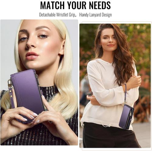 Defencase Compatible with iPhone 16 Pro Case Wallet with RFID Blocking Card Holder for Women Men, Soft PU Leather Magnetic Snap Flip Zipper Strap Wallet Phone Case Fit for iPhone 16 Pro 6.3, Purple | RFID Blocking, Card Holder, for Women Men, Soft PU Lea