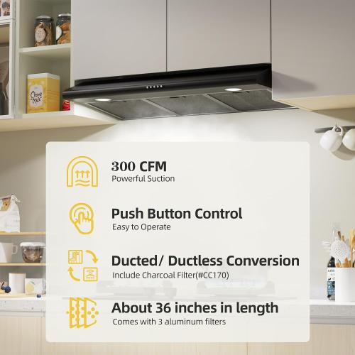 FIREGAS 36 Inch Black Under Cabinet Range Hood, 300 CFM Ducted/Ductless Convertible Kitchen Hood with 3-Speed Stove Vent Fan, LED Lights, Aluminum Filters & Charcoal Filters