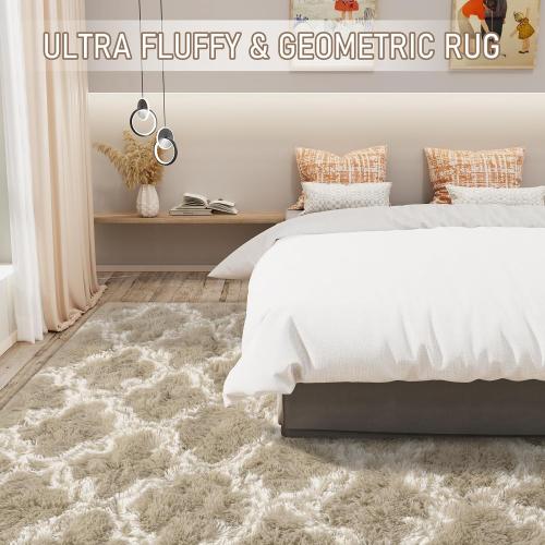 LOCHAS Luxury Shag Area Rug 8 x10 Feet Geometric Plush Fluffy Rugs, Extra Soft Carpet Moroccan Rugs for Bedroom Living Room Dorm Kids, High Pile Shaggy Floor Rug Decor, Beige/White