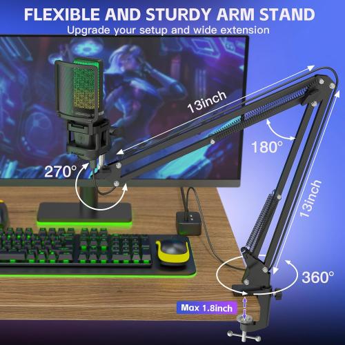 BLACK ZealSound Gaming USB Microphone,Noise Cancellation Condenser mic,RGB Microphone with Mute,Gain,Monitoring,Boom Arm,Pop Filter for Phone,PC,Computer,PS4,PS5,Mac,Streaming,Podcast,Twitch,YouTube,Discord