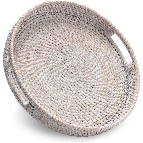 Round Rattan Tray, Decorative Coffee Table Trays, Ottoman Tray, Woven Serving Tray with Handles, Wicker Serving Basket, Whitewash