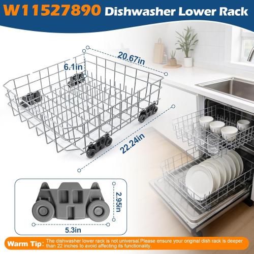 W10728159 Dishwasher Lower Dishrack Assembly, Compatible with kenmore whirlpool kitchenaid maytag, Replaces W10525646 W10082825 W10780925, Dishwasher Lower Rack with WP3376961 Wheels, 22D x 20.8W