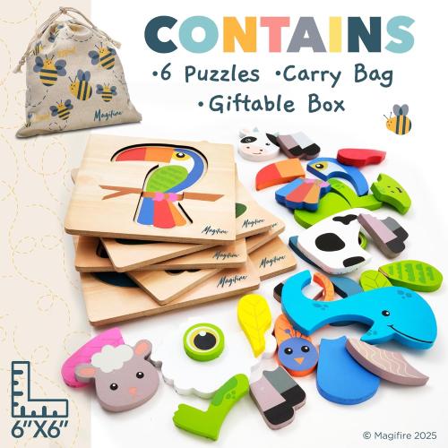 Magifire Wooden Puzzles, Set of 6 Puzzle Toys for Kids Toddlers 1–3, Baby Educational Animal Toys with Chunky Pieces & Bag for Easter - Whale, Peacock, Woodpecker, Cow, Sheep, Frog