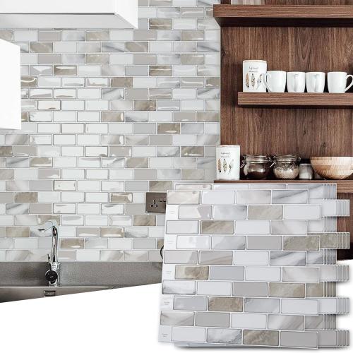 Art3d 10-Sheet Peel and Stick Backsplash Tile for Kitchen - 12”×12” Stick on Wall Tile for Kitchen Bathroom Countertop Living Room, Beige & White
