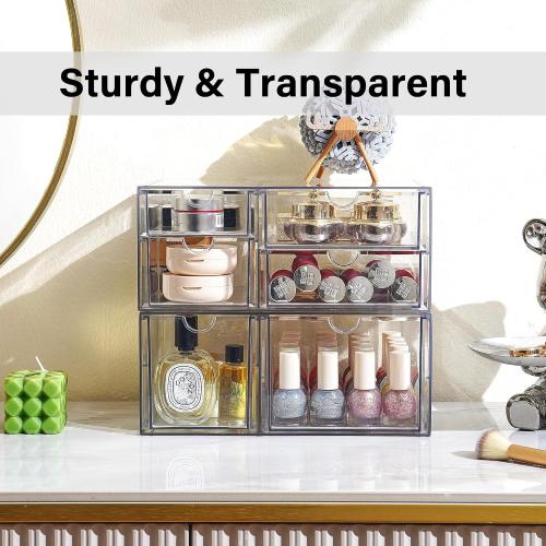 Prsildan Acrylic Drawer Makeup Organizer with 6 Drawers, Set of 2 Office Desk Organizers Accessories, Clear Stackable Storage Drawers for Vanity, Craft, Not for Baby Bottle (Largest Drawer 4 Tall)
