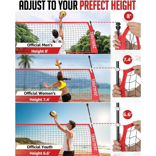 ZEALFEEL 12FT Volleyball Net with 3 Adjustable Heights (8'/7.4'/6.6') | Freestanding Portable Training Set for Backyard, Serving & Spiking Drills, with Carry Bag for Outdoor & Indoor