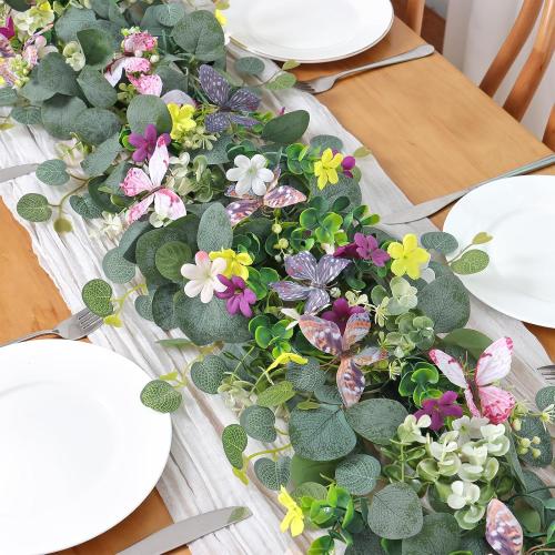 4 Pack 5.68 FT Artificial Daisy Garland with 3D Butterfly, Hanging Fake Flowers Greenery Eucalyptus Garland Floral Vines for Wedding Table Home Room Sping Decor
