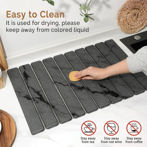 Large Stone Dish Drying Mat for Kitchen Counter, Quick Dry Stone Dishes Mats,Foldable Water Absorbing Diatomaceous Earth Drying Organizer Pad for Plate Rack Bottles Utensils(Dark Gray 24×16 & 8x4)