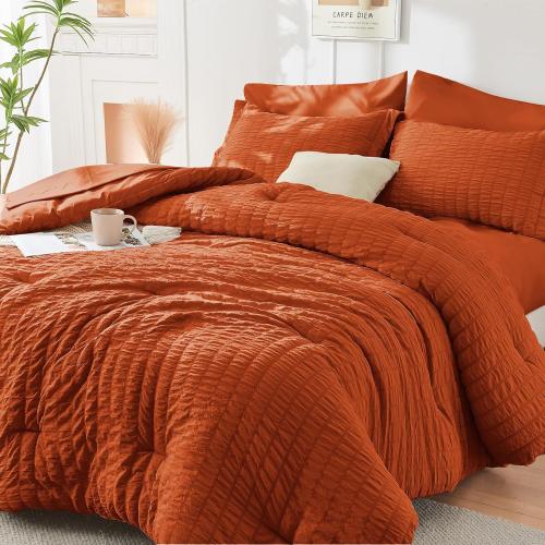 HYMOKEGE Burnt Orange Queen Comforter Set Seersucker 7 Pieces, All Season Luxury Bed in a Bag for Bedroom, Bedding Set with Comforters, Sheets, Pillowcases & Shams
