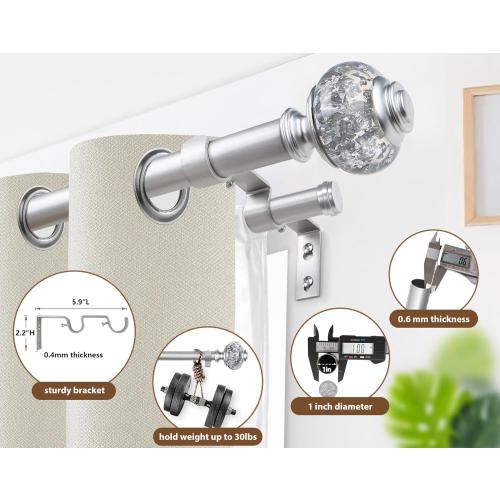 1 Inch Double Curtain Rods 72 to 144 Inches (6 to 12 ft), USFOOK Silver Drapery Rods for Windows, Telescoping Dual Curtain Rod with Translucent Finials, Decoration for Home
