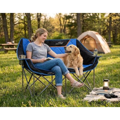 FAIR WIND Oversized Fully Padded Camping Chair Folding Loveseat Camping Couch Double Duo Chair Heavy Duty Quad Fold Arm Chair with Cup Hold - Supports 650 LBS Blue