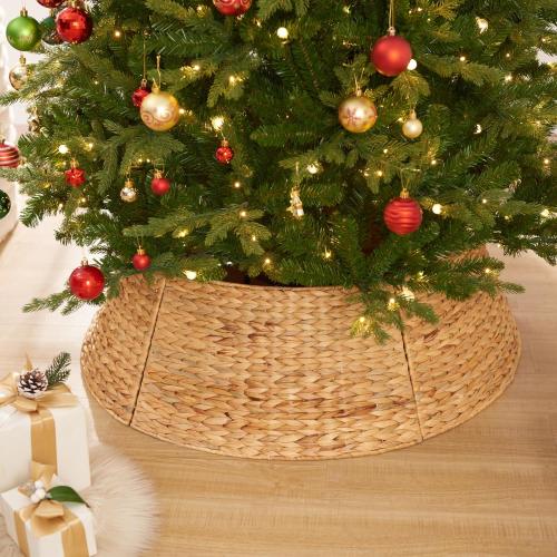 YANGQIHOME 28in Christmas Tree Collar, Rattan Tree Skirt, Woven Water Hyacinth Tree Base Cover for Home Decoration with Cord Cut-Out
