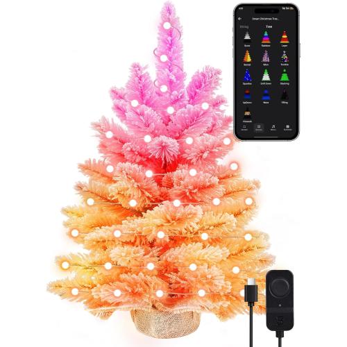 Brizled Smart Pink Mini Valentines Tree, 22.8in DIY Smart-Lit Pink Flocked Tabletop Xmas Tree with 100 LED RGB Lights, App/Voice Control 159  Scenes Mini Xmas Tree USB C Small Tree for Fireplace Desk