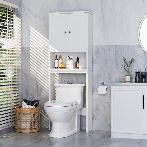 Over the Toilet Storage Cabinet, Bathroom Storage Organizer Over Toilet, Space Saver W/Adjustable Shelf & Open Shelf, White
