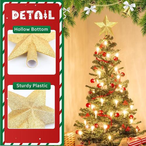 Glitter Christmas Star Tree Topper for Holiday Decorations, Christmas Tree Decoration for Holiday Ornament and Home Decor, Shatterproof Tree Toppers for Party Indoor ＆ Outdoor-Gold 4 inch