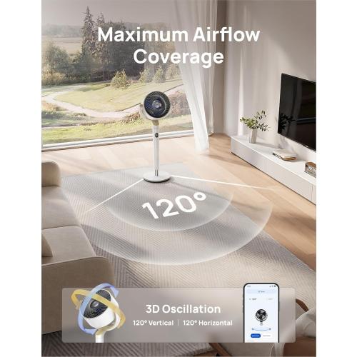 DREO Smart Fan for Bedroom, 120°  120° Omni-Directional Oscillating Fans, 100ft Quiet Pedestal Fan with RGB Light, 9 Speeds, 6 Modes, 20dB, 8H Timer, Wi-Fi/Voice/Alexa, 35-40 Floor Fans with Remote