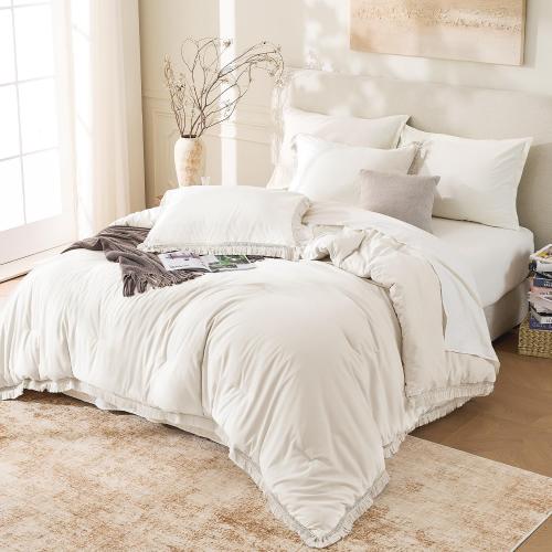 Andency Comforter Set Oversized King Beige 120x120, 3 Pieces Boho Fall Tassel Lightweight Bedding Comforter Sets, All Season Soft Bed Set (1 Comforter & 2 Pillowcases)
