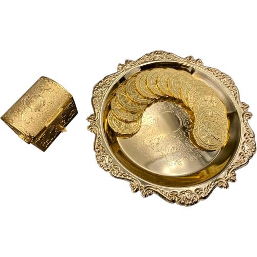 NH 24K Gold Plated Wedding Unity Coins with Tray and Treasure Box, Classic Arras Ceremony Souvenirs, Beautiful Gift Set Marriage Matrimoniales (San Benito)