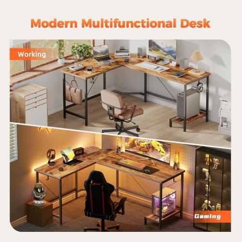 Mericonia 59 inch Large L Shaped Desk, Simple Corner Gaming Desk with CPU Stand & Hooks, Computer Desk for Home, Bedroom & Office Workspace, Rustic Brown