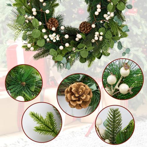 20 Inches Vintage Christmas Wreath Classic Winter Wreaths for Front Door Rustic Holiday Winter Wreath with White Berry Pine Cones for Doors Windows Indoors Outside Hanging Decoration