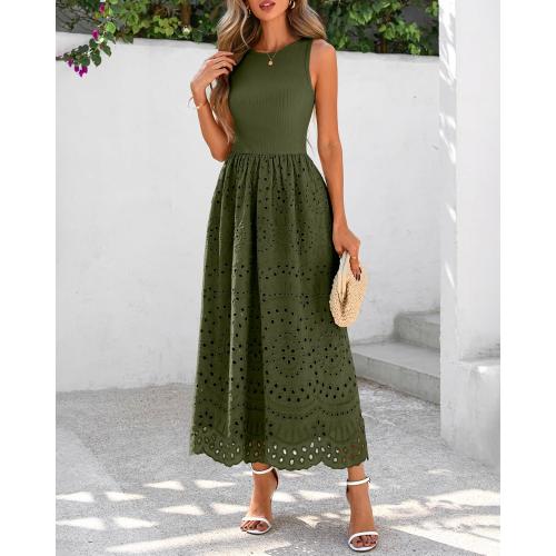 Size L...dowerme Women Summer Dresses 2026 Casual Sleeveless Crewneck A-Line Boho Lace Eyelet Cotton Tank Maxi Dress with Pockets
