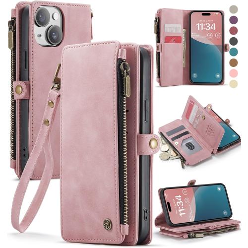 Defencase Compatible with iPhone 15 Case Wallet with RFID Blocking Card Holder for Women and Men, Fashion PU Leather Magnetic Snap Flip Zipper Strap Wallet Phone Case Fit for iPhone 15 6.1, Rose Pink