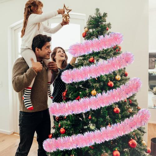 WILLBOND Christmas Tinsel Garland Xmas Metallic Tinsel Twist Garland Glitter Christmas Tree Hanging Wreath Decor for Staircase Railing Banister Indoor Outdoor Ornament (Pink, 26.2 ft)