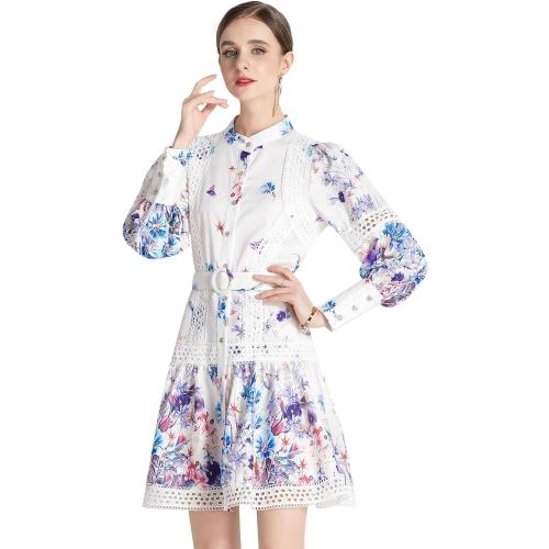 Size XL.....Women's Hollow Out Floral Print Lantern Sleeve Button Casual Mini Dress