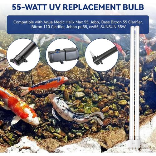 2 Pack 55 Watts UV Light Bulb, 2G11 Base-4 Pin for Koi Pond & Aquarium Clarifiers, Compatible with Oase Bitron 55/110, Aqua Medic Helix Max 55, Jebo, Jebao pu55, cw55, SUNSUN 55W
