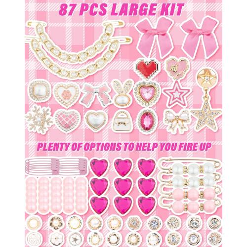 DoDoBeads 87 Pcs Junk Socks Charms Kit, Gold and Pink Charms for Socks, Brooches and Pins for Women, ShoeCharms with Bows, Sneakers DIY Kit with Pearls Rhinestones Chains