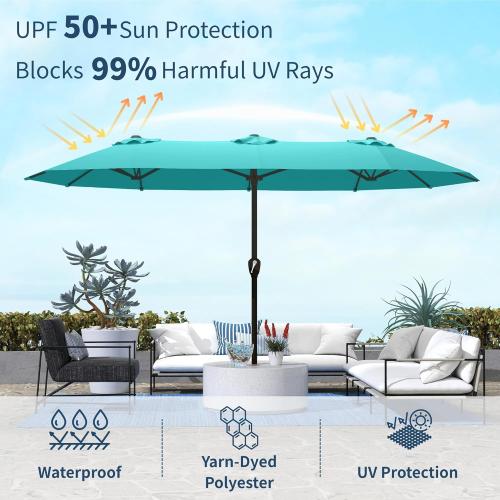 Size 15FT Color Dark Blue Double Sided Patio Umbrella with Base Included Large Outdoor Market Umbrella with Crank Handle, UV Resistant Canopy, Sturdy Frame for Garden, Poolside, Deck,