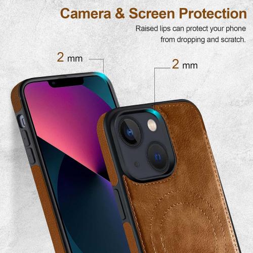 Magnetic for iPhone 14 Leather Case, for iPhone 13 Phone Case, Built-in Stand, Compatible with MagSafe, Silicone Strap, TPU Interior Protective, Shockproof Slim Cover (Brown)