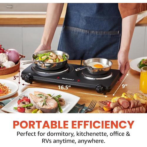 Elite Gourmet EDB-302BF# Countertop Double Cast Iron Burner, 1500 Watts Electric Hot Plate, Temperature Controls, Power Indicator Lights, Easy to Clean, Black