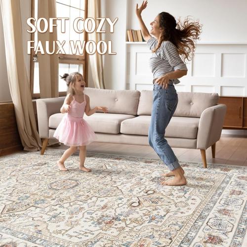 9x12 Area Rug Living Room: Washable Boho Large Neutral Vintage Soft Rugs Stain Resistant Farmhouse Non Slip Indoor Floor Carpet for Bedroom Nursery Kids Playroom Office Dining Room- Cream Blue